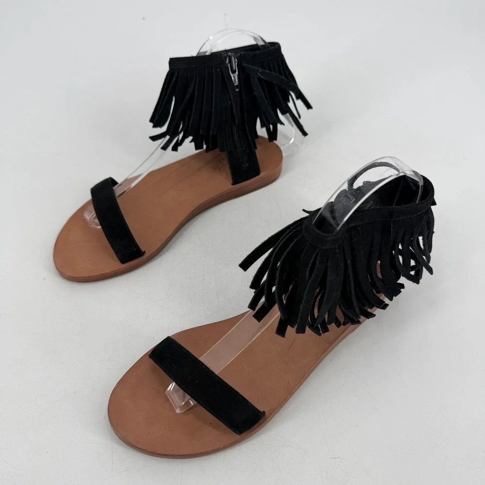kate spade Black Fringe Ankle Strap Sandals